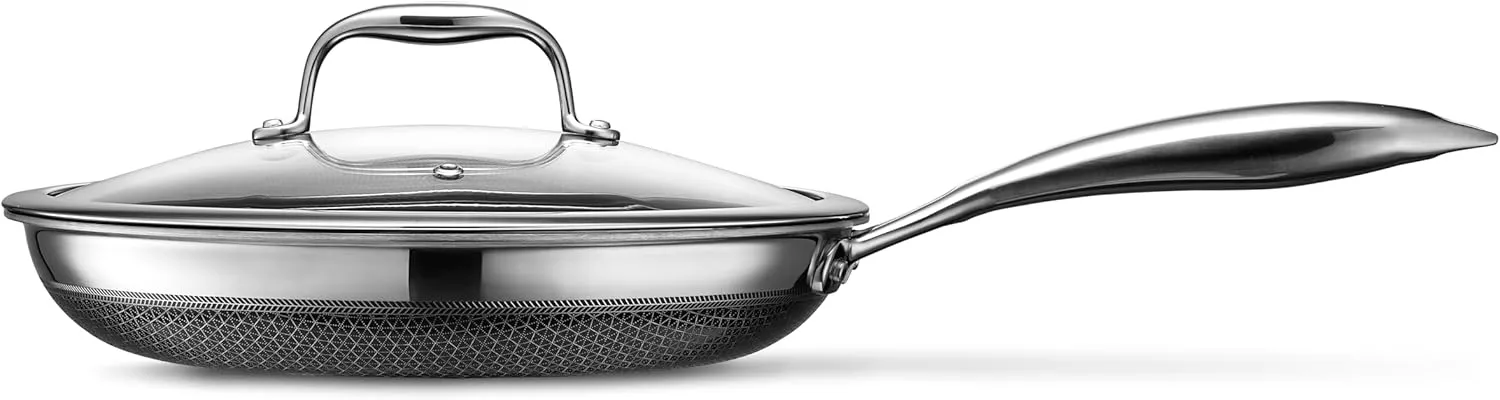 HexClad Hybrid Nonstick 10-Inch Frying Pan with Tempered Glass Lid, Stay-Cool Handle, Dishwasher-Friendly, Oven-Safe Up to 900°F, Induction-Ready, Compatible with All Cooktops