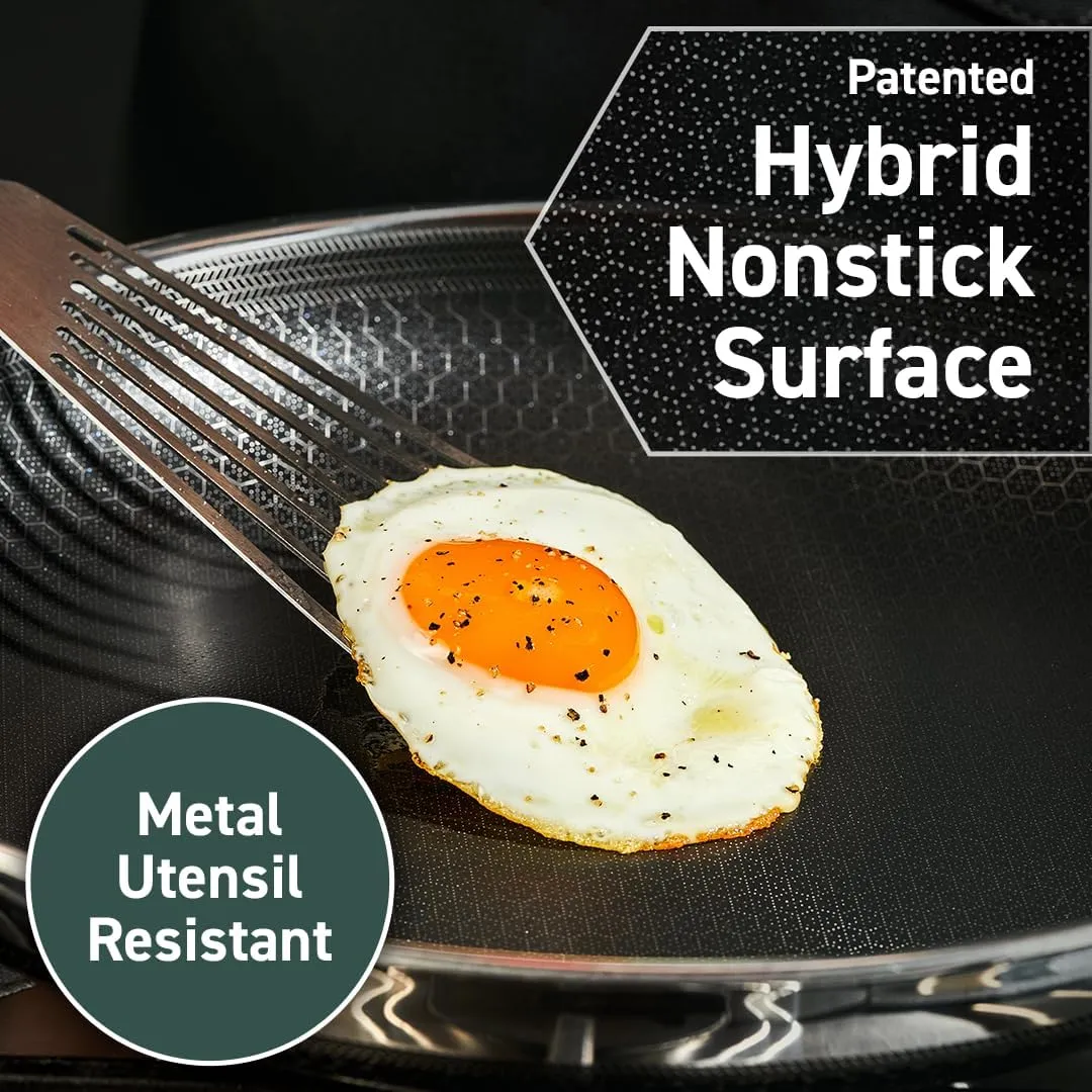 HexClad Hybrid Nonstick 10-Inch Frying Pan with Tempered Glass Lid, Stay-Cool Handle, Dishwasher-Friendly, Oven-Safe Up to 900°F, Induction-Ready, Compatible with All Cooktops