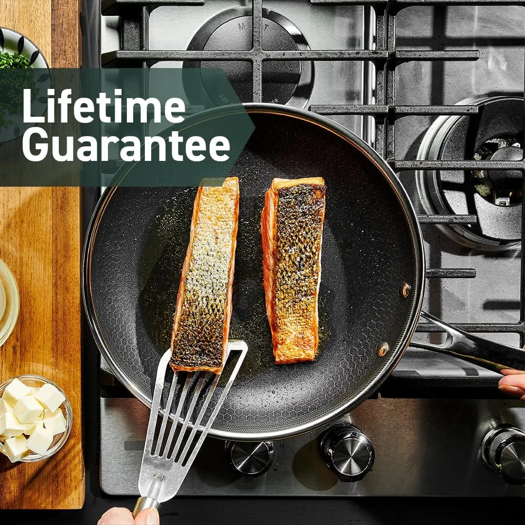 HexClad Hybrid Nonstick 10-Inch Frying Pan with Tempered Glass Lid, Stay-Cool Handle, Dishwasher-Friendly, Oven-Safe Up to 900°F, Induction-Ready, Compatible with All Cooktops