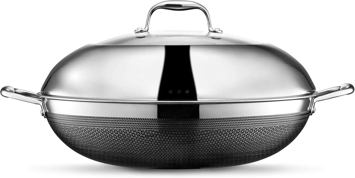HexClad Hybrid Nonstick 14-Inch Wok with Stainless Steel Lid, Stay-Cool Handles, Dishwasher-Friendly, Oven-Safe Up to 900°F, Induction Ready, Compatible with All Cooktops