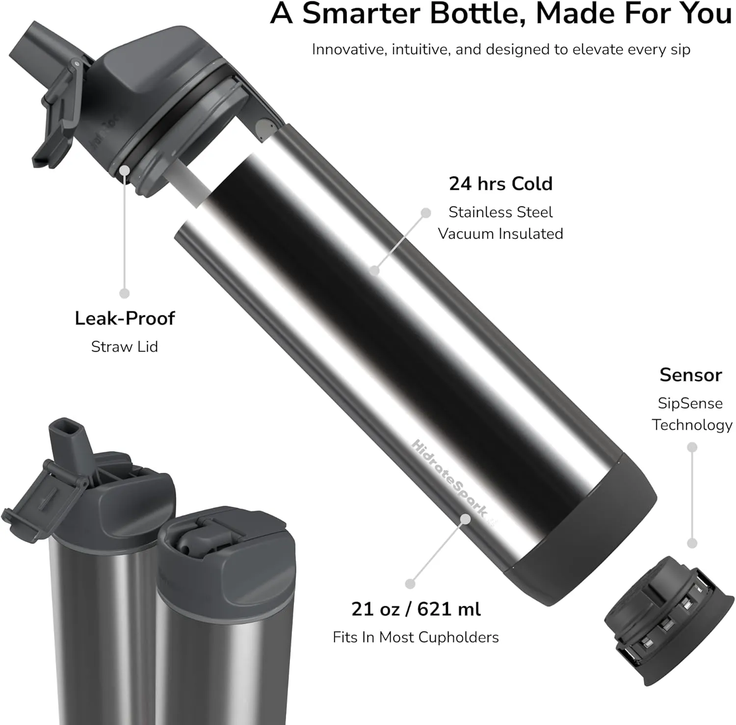Hidrate Spark PRO Smart Water Bottle – Insulated Stainless Steel – Tracks Water Intake with Bluetooth, LED Glow Reminder When You Need to Drink – Straw Lid, 21 oz