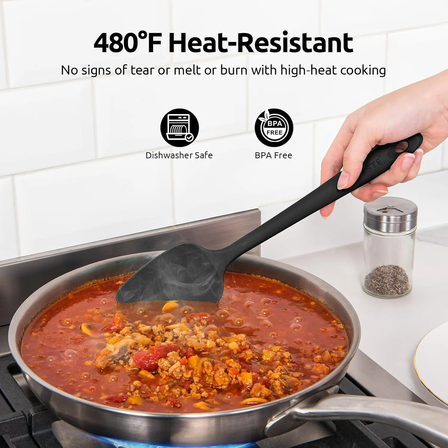 High Heat Resistant Silicone Spatulas: U-Taste 480ºF Hot Proof Food Grade Flexible Silicon Baking Scraper, Food Grade Rubber Kitchen Cooking Mixing Utensils for Nonstick Cookware Set of 4 (Black)