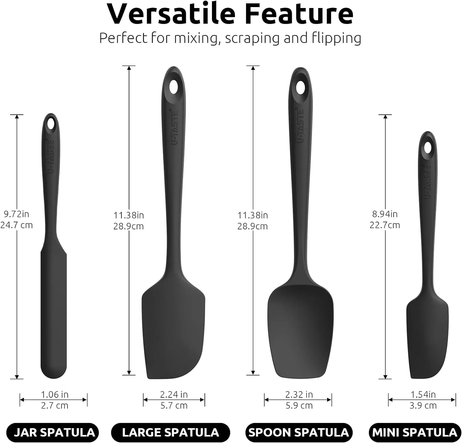 High Heat Resistant Silicone Spatulas: U-Taste 480ºF Hot Proof Food Grade Flexible Silicon Baking Scraper, Food Grade Rubber Kitchen Cooking Mixing Utensils for Nonstick Cookware Set of 4 (Black)