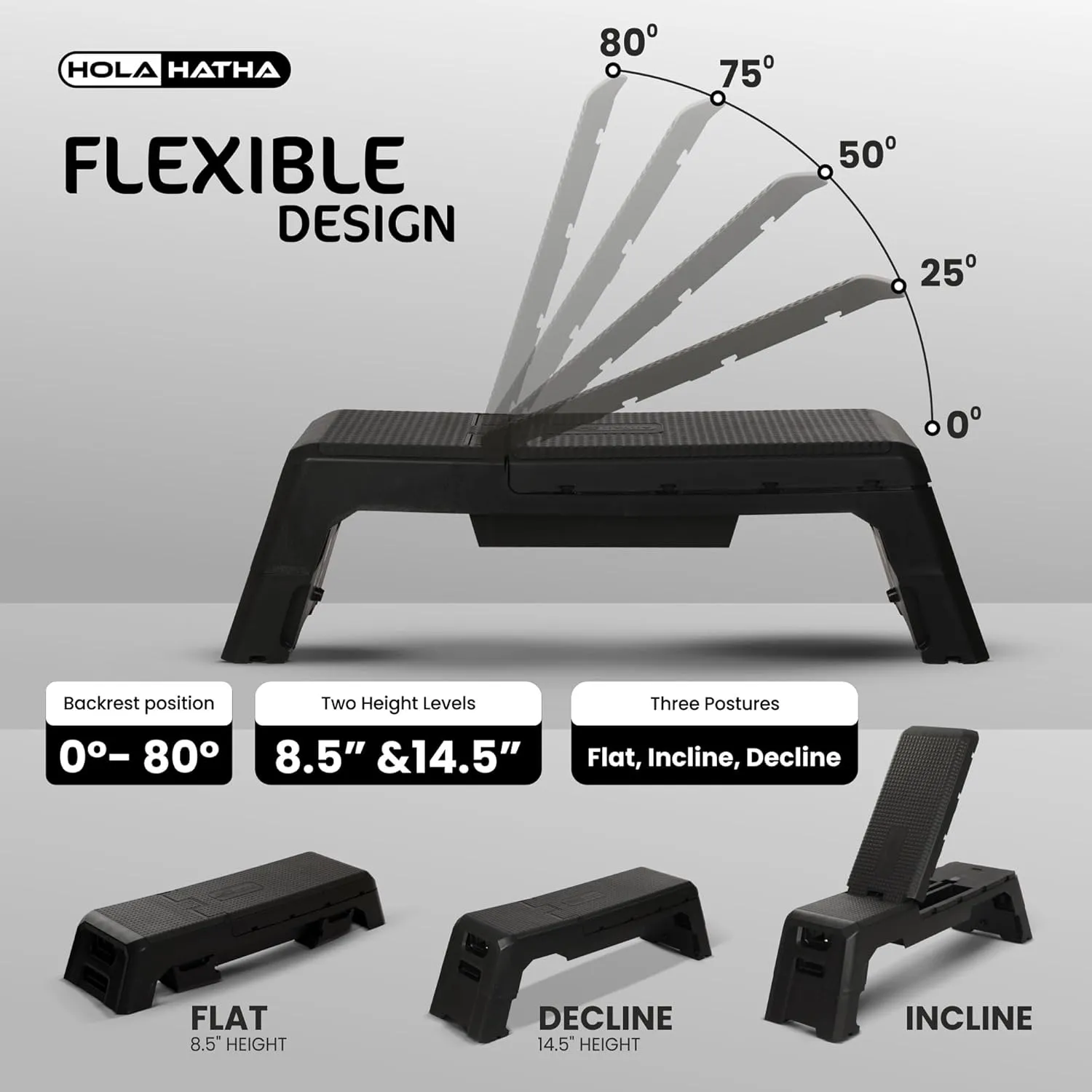 HolaHatha Adjustable Multi-Functional Exercise Bench 440 Pound Capacity Foldable Incline Deck, 8.5 to 14.5 Inch Height, Compact Design,