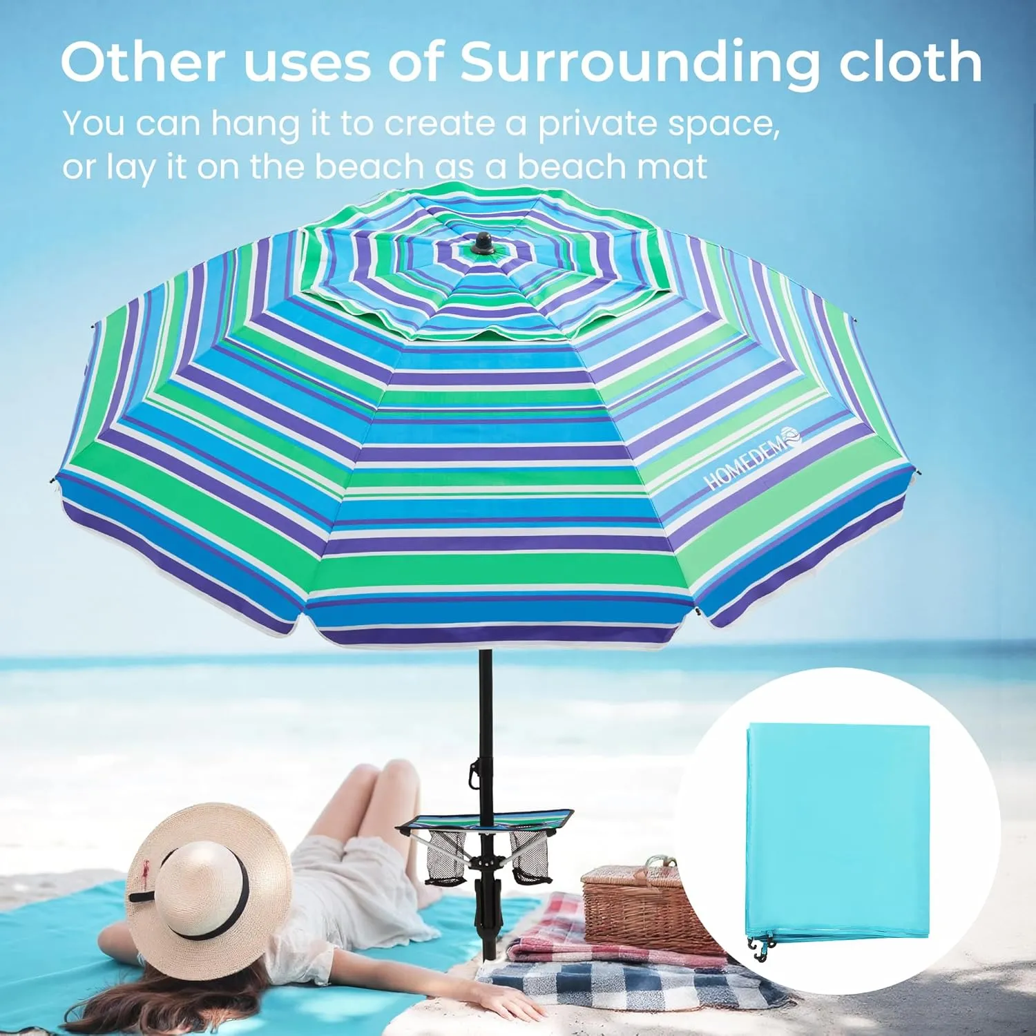 HOMEDEMO Heavy Duty High Wind Beach Umbrella with Sand Anchor,Built-in Table Tray & Tilt Pole&Hook& Curtain, UPF 50  Windproof Portable Beach Umbrella for Patio Garden Pool Backyard