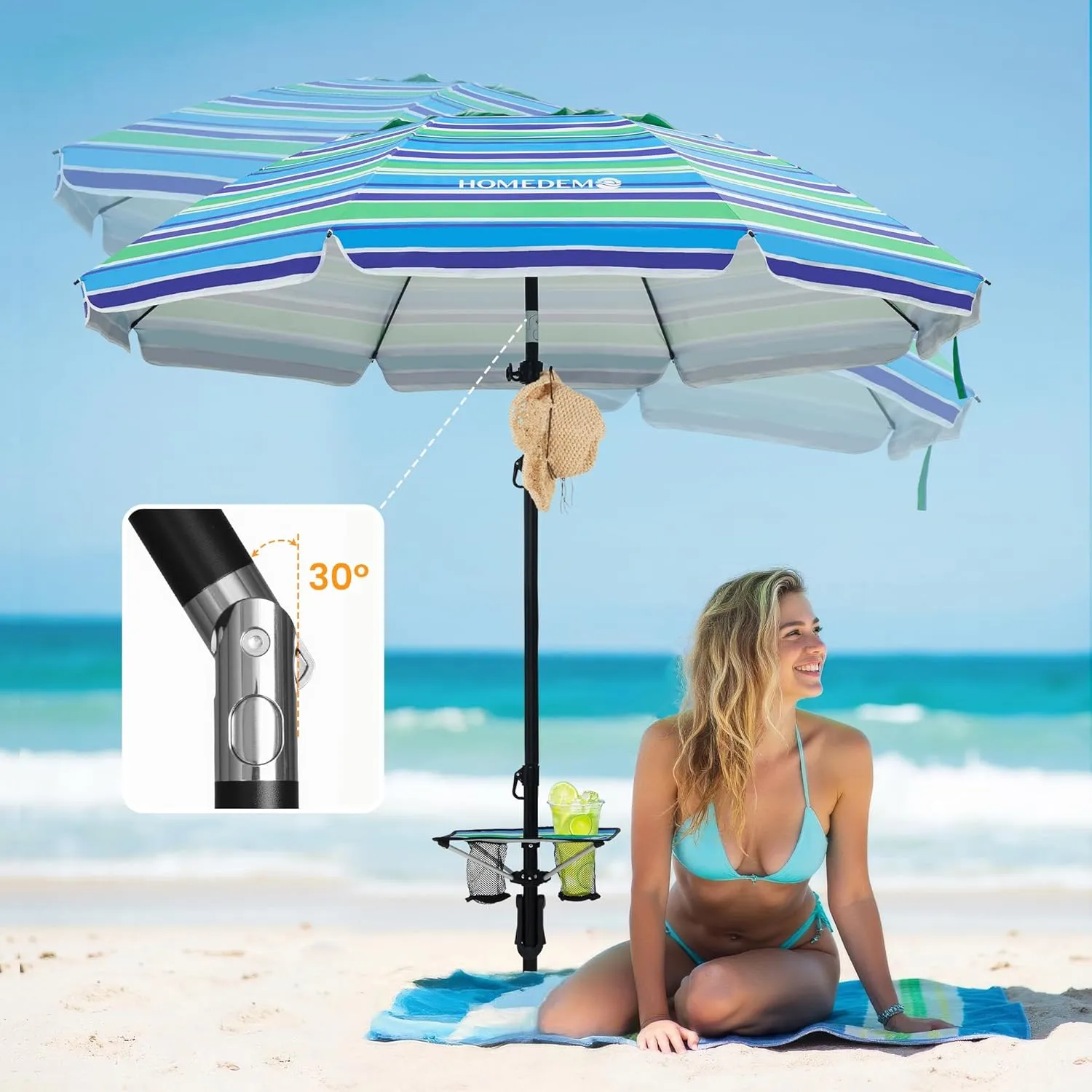 HOMEDEMO Heavy Duty High Wind Beach Umbrella with Sand Anchor,Built-in Table Tray & Tilt Pole&Hook& Curtain, UPF 50  Windproof Portable Beach Umbrella for Patio Garden Pool Backyard