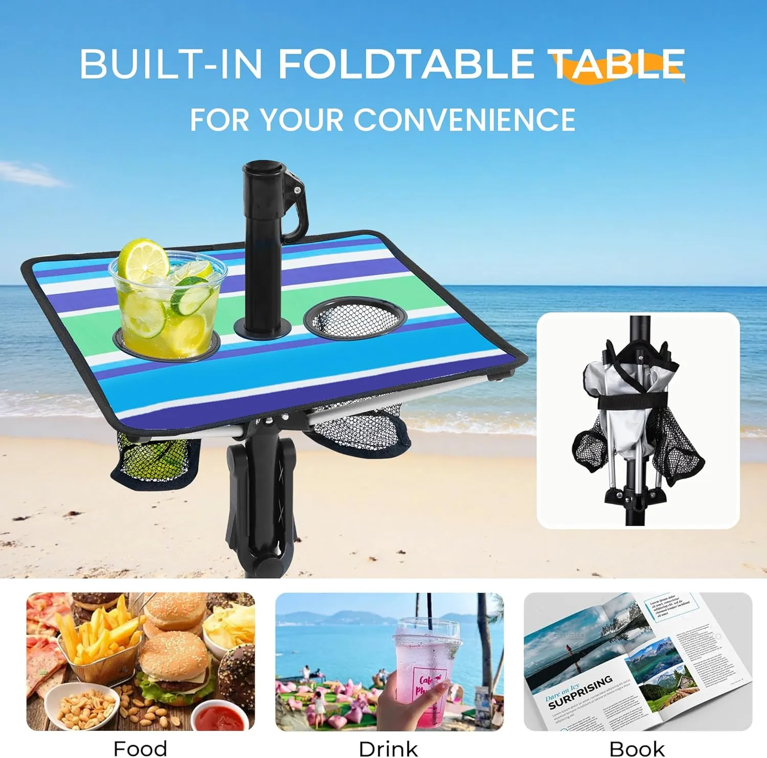 HOMEDEMO Heavy Duty High Wind Beach Umbrella with Sand Anchor,Built-in Table Tray & Tilt Pole&Hook& Curtain, UPF 50  Windproof Portable Beach Umbrella for Patio Garden Pool Backyard