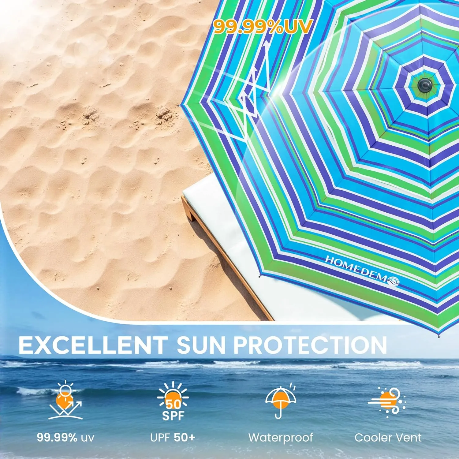 HOMEDEMO Heavy Duty High Wind Beach Umbrella with Sand Anchor,Built-in Table Tray & Tilt Pole&Hook& Curtain, UPF 50  Windproof Portable Beach Umbrella for Patio Garden Pool Backyard