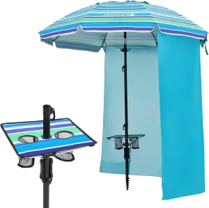 HOMEDEMO Heavy Duty High Wind Beach Umbrella with Sand Anchor,Built-in Table Tray & Tilt Pole&Hook& Curtain, UPF 50  Windproof Portable Beach Umbrella for Patio Garden Pool Backyard
