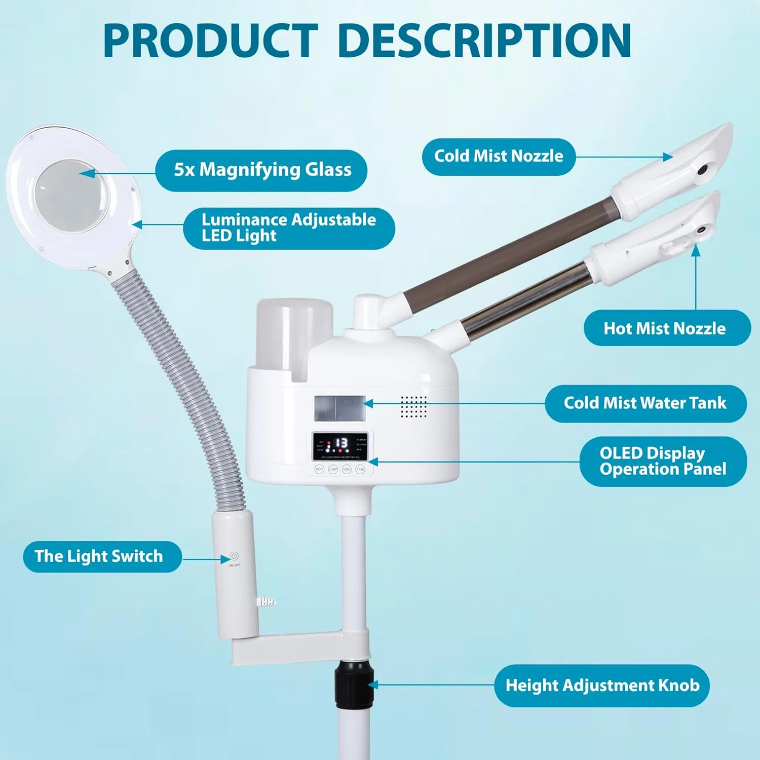 HomGarden Pro 3 in 1 Facial Steamer for Face Deep Cleaning, 5X LED Floor Magnifying Lamp UV Ozone Hot/Cool Mist Function Face Steamer Salon Spa Beauty Skin Care Equipment
