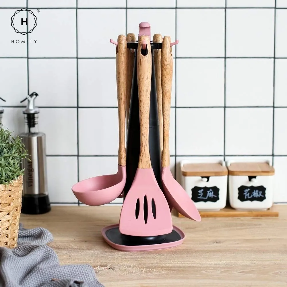 Homlly Silicone Wood Kitchen Utensils (6 piece Set)