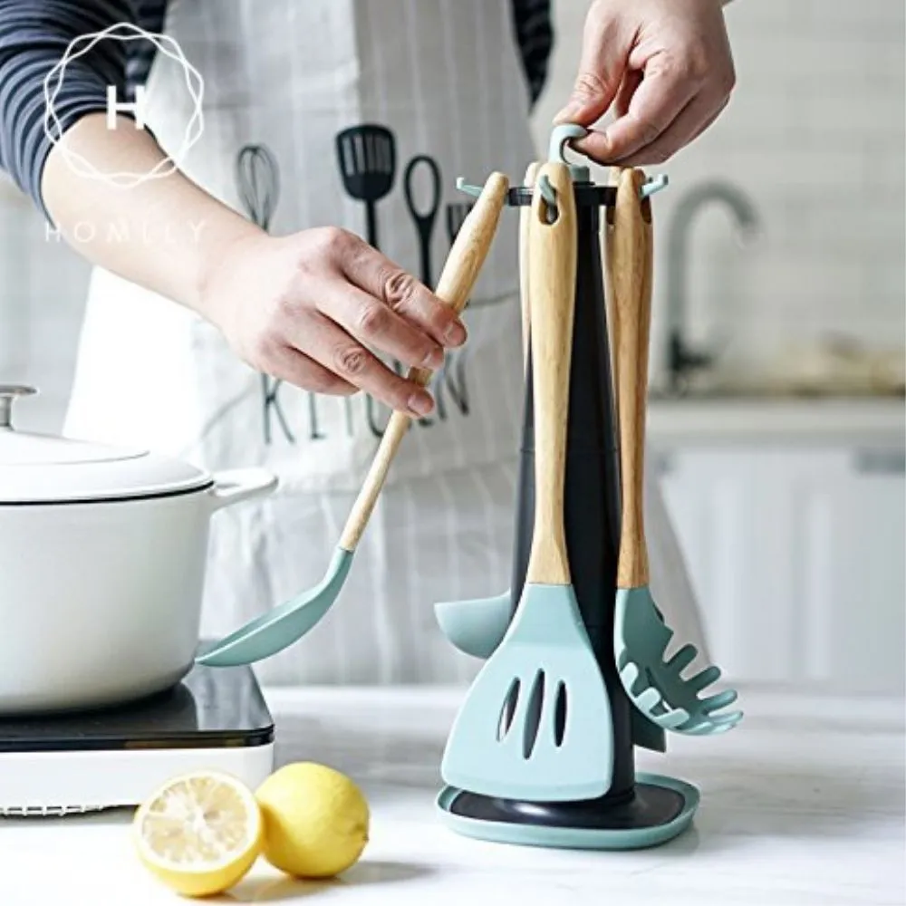 Homlly Silicone Wood Kitchen Utensils (6 piece Set)