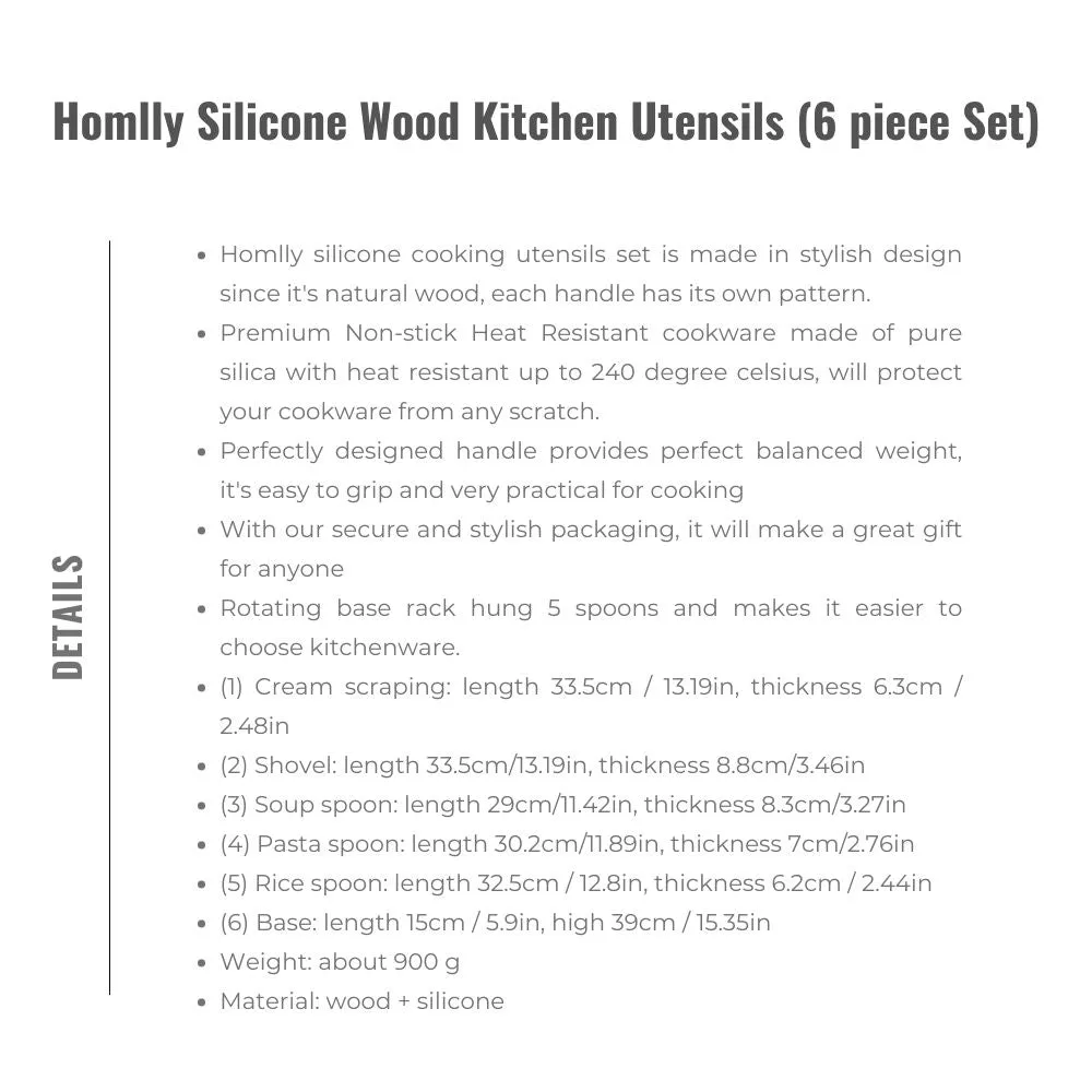 Homlly Silicone Wood Kitchen Utensils (6 piece Set)