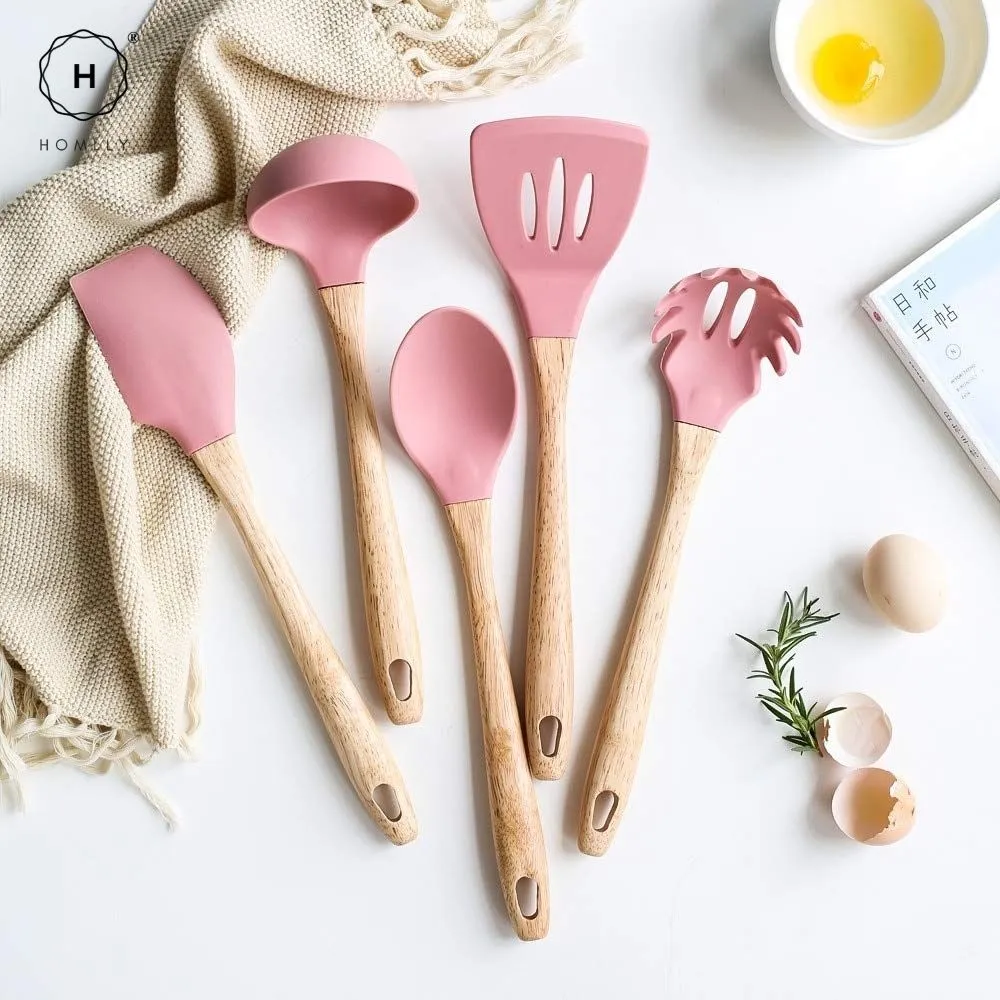 Homlly Silicone Wood Kitchen Utensils (6 piece Set)