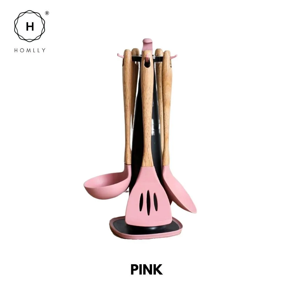 Homlly Silicone Wood Kitchen Utensils (6 piece Set)