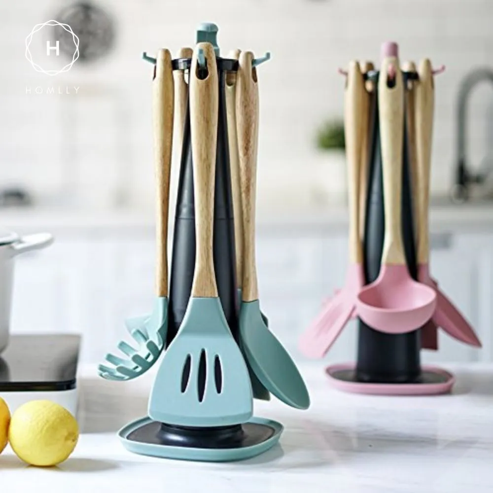 Homlly Silicone Wood Kitchen Utensils (6 piece Set)