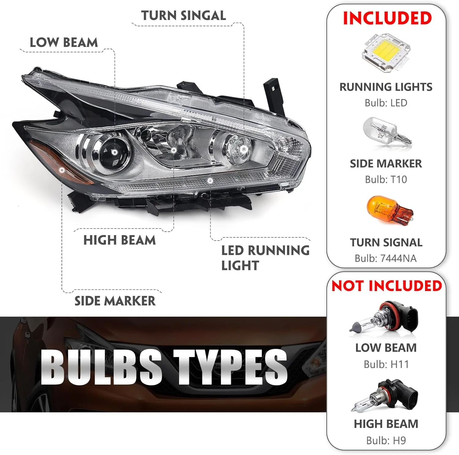 Huray Right Halogen Headlight Assembly Fit for Nissan Murano 2015 2016 RH OE Factory LED DRL Projector Headlamp w/o Bulbs Replacement Passenger Side
