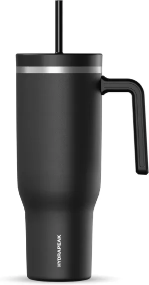 Hydrapeak Voyager 40 Oz Stainless Steel Tumbler with Handle, Insulated Water Bottle With Straw & Lid, Cupholder Friendly Reusable Travel Mug (Black)