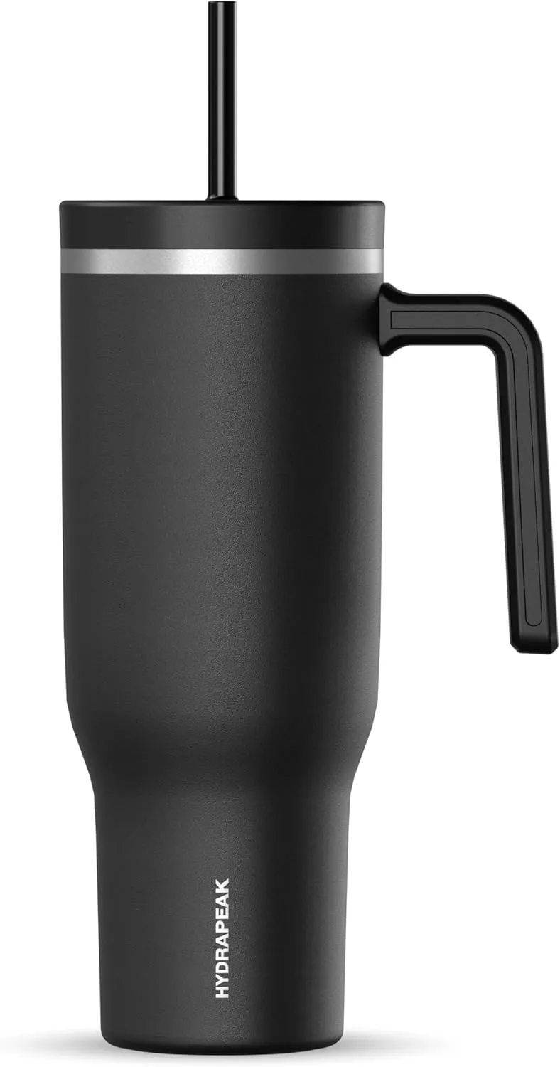 Hydrapeak Voyager 40 Oz Stainless Steel Tumbler with Handle, Insulated Water Bottle With Straw & Lid, Cupholder Friendly Reusable Travel Mug (Black)