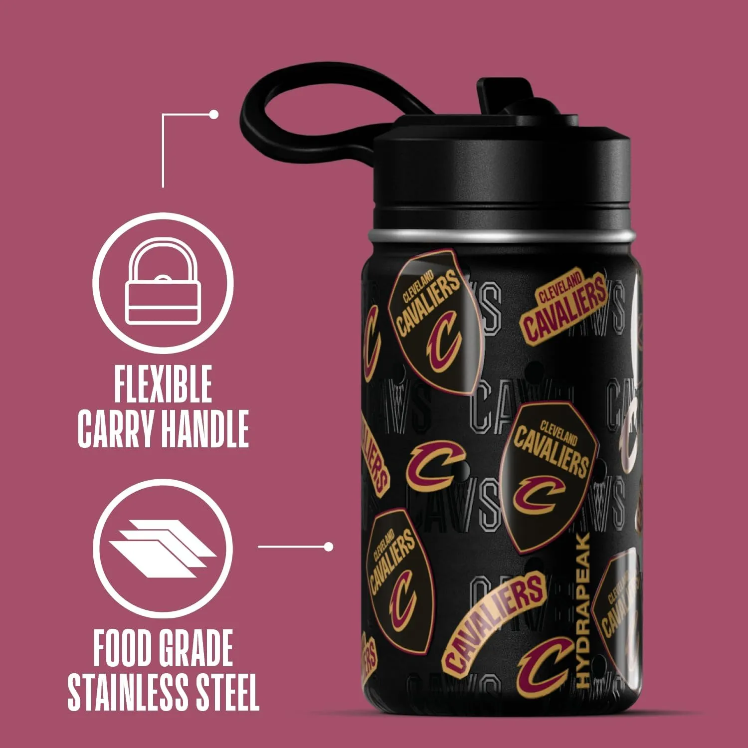 Hydrapeak x NBA Officially Licensed Cleveland Cavaliers 14oz Mini Kids Water Bottle with Straw Lid and Handle Reusable Stainless Steel Double Wall Insulated Spill Proof Sports Gift for Boys Girls