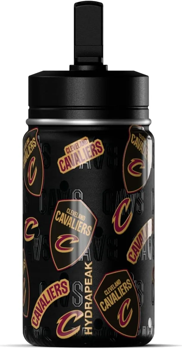 Hydrapeak x NBA Officially Licensed Cleveland Cavaliers 14oz Mini Kids Water Bottle with Straw Lid and Handle Reusable Stainless Steel Double Wall Insulated Spill Proof Sports Gift for Boys Girls