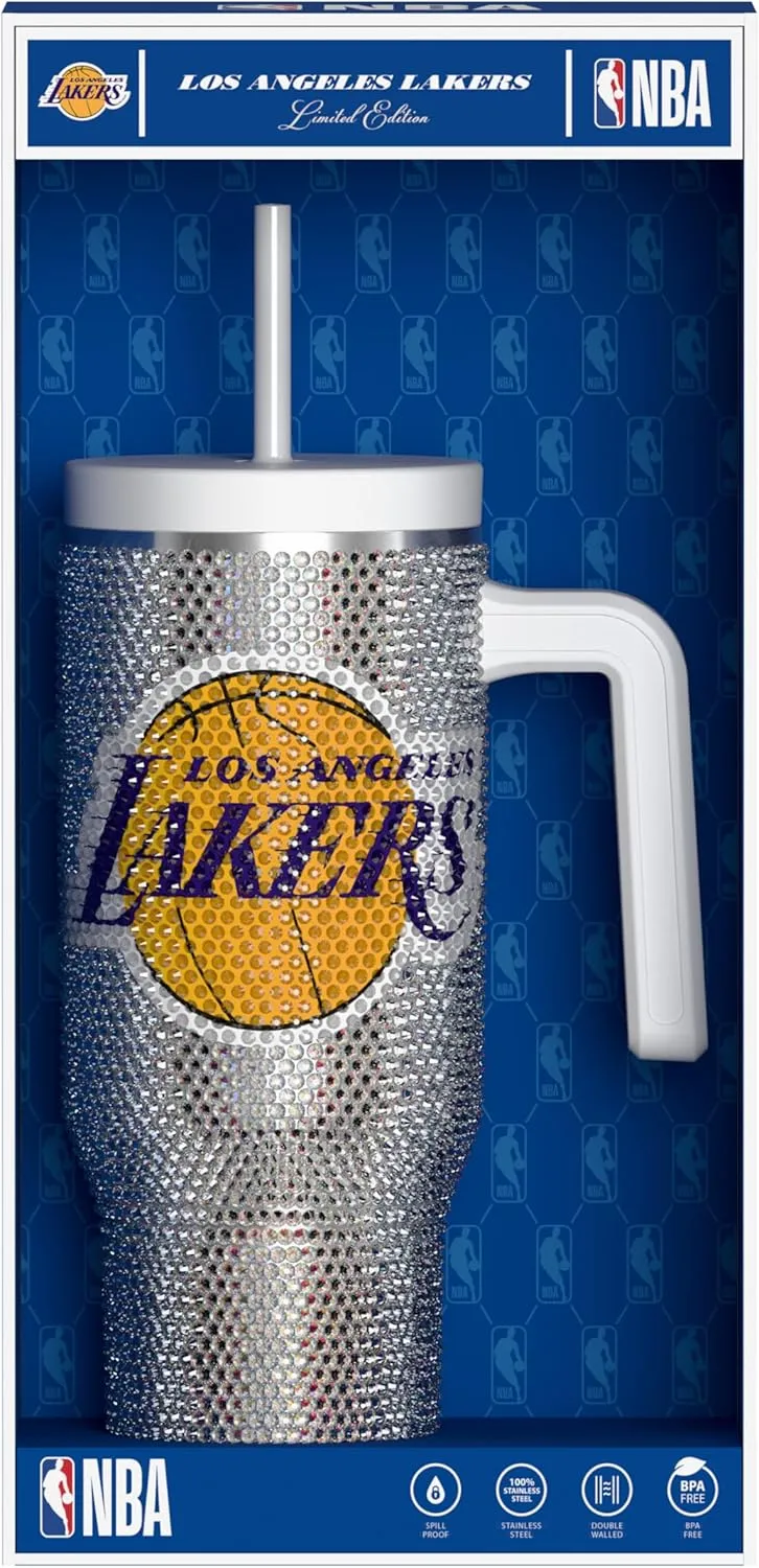 Hydrapeak x NBA Officially Licensed Los Angeles Lakers Voyager 40 oz Stainless Steel Bling Tumbler with Handle, Insulated Rhinestone Water Bottle With Straw & Lid, Includes Gift Box