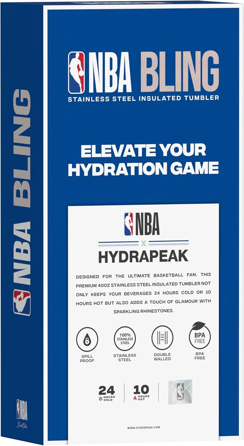 Hydrapeak x NBA Officially Licensed Los Angeles Lakers Voyager 40 oz Stainless Steel Bling Tumbler with Handle, Insulated Rhinestone Water Bottle With Straw & Lid, Includes Gift Box