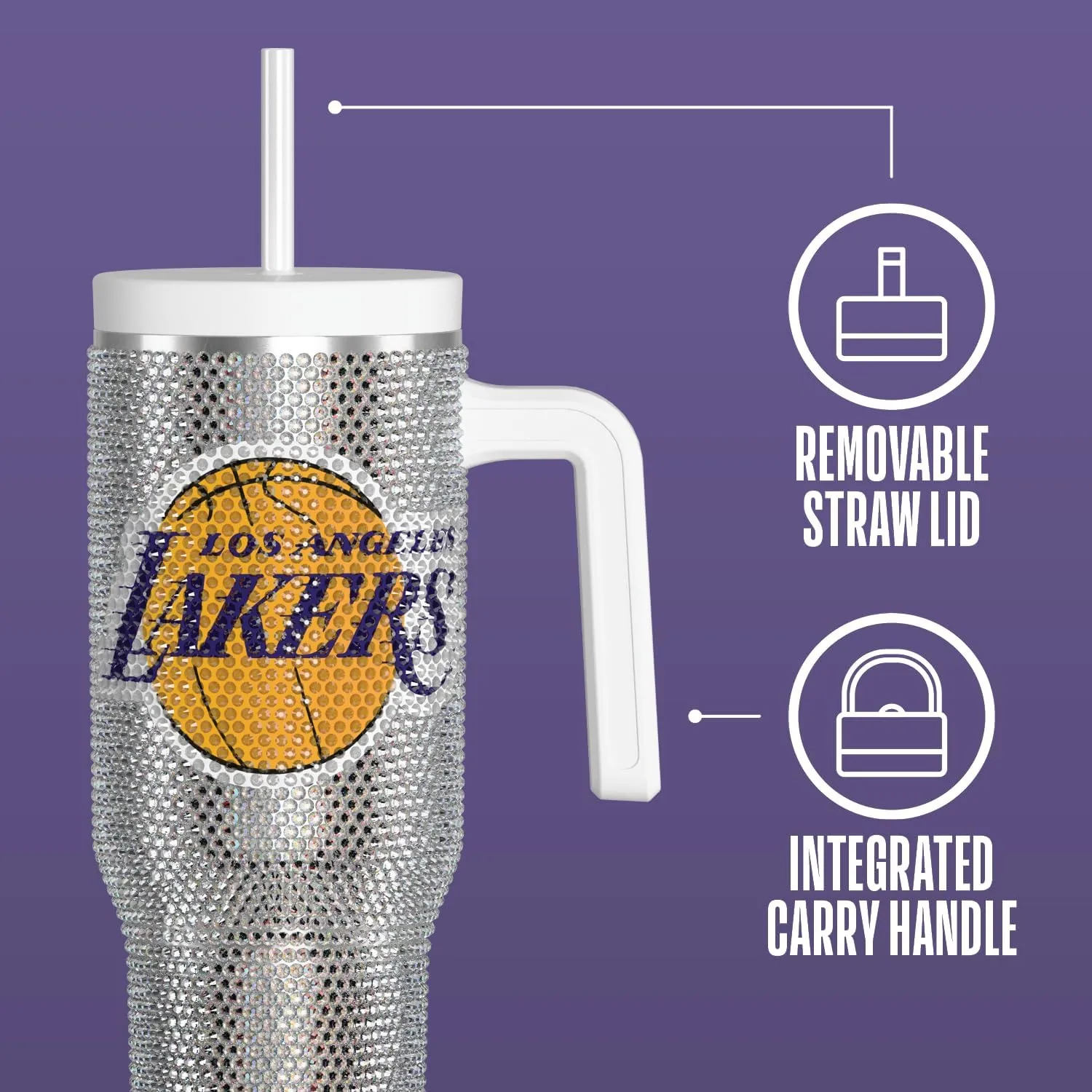 Hydrapeak x NBA Officially Licensed Los Angeles Lakers Voyager 40 oz Stainless Steel Bling Tumbler with Handle, Insulated Rhinestone Water Bottle With Straw & Lid, Includes Gift Box