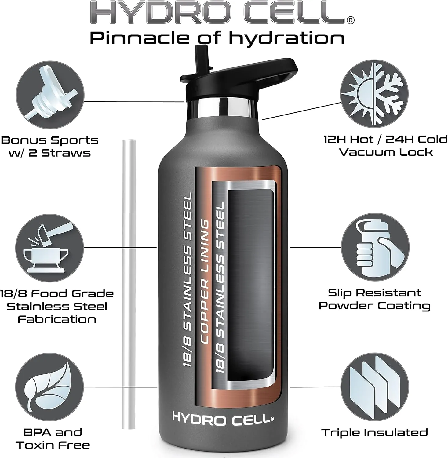 HYDRO CELL Stainless Steel Water Bottle with Straw & 2 Standard Mouth Lids (32oz 24oz 20oz 16oz) Keeps Liquids Hot or Cold w/Double Wall Vacuum Insulated Leak Proof Sport Design (Graphite 32oz)