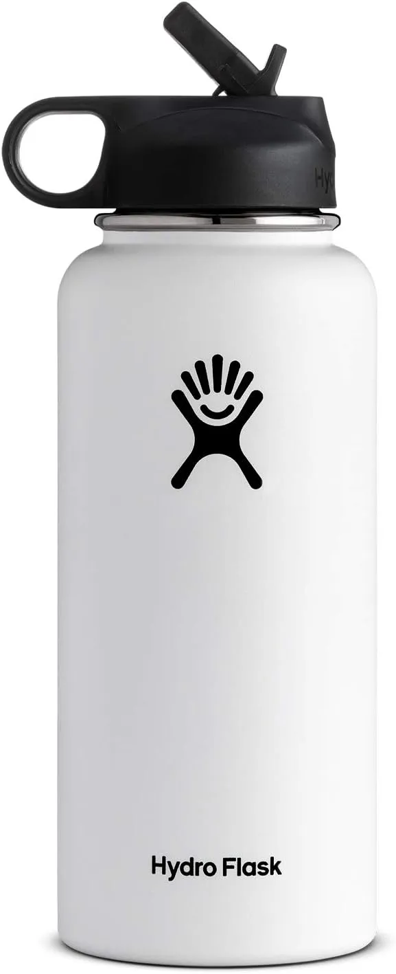 Hydro Flask Vacuum Insulated Stainless Steel Water Bottle Wide Mouth with Straw Lid (White, 32-Ounce)