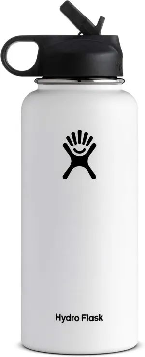 Hydro Flask Vacuum Insulated Stainless Steel Water Bottle Wide Mouth with Straw Lid (White, 32-Ounce)