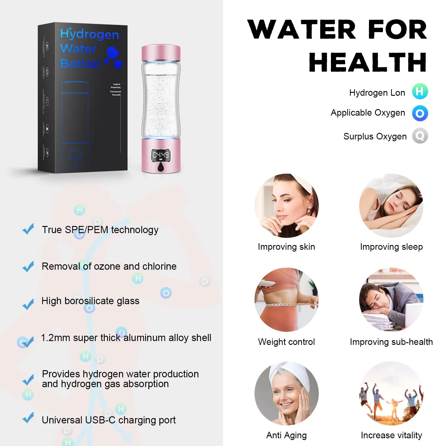 Hydrogen Water Bottle Generator with SPE/PEM Technology, Anlewo Portable H2 Water Ionizer Machine,5000PPB,6 Hours Hydrogen Retention for Family Friends Office Travel Sports Fitness