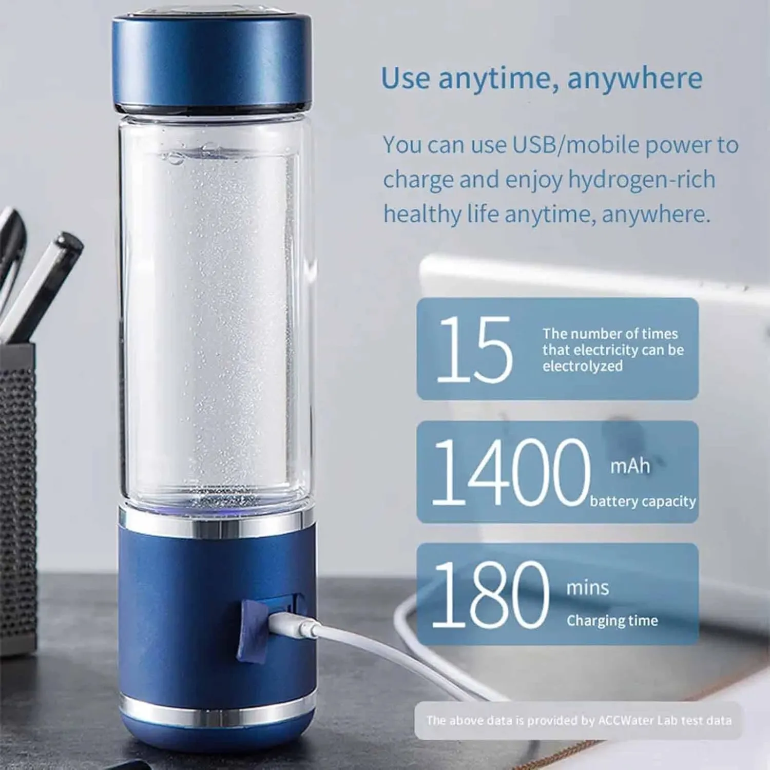 Hydrogen Water Bottle, High-Concentration Up to 1400-2000PPB, Rechargeable Portable Hydrogen Water Generator, for Home Travel, Improve Mind Body