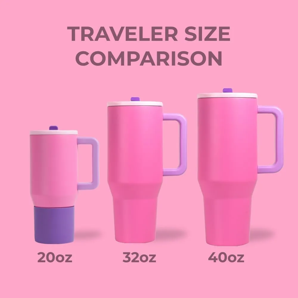 HydroJug Traveler - 40 oz Water Bottle with Handle & Flip Straw - Fits in Cup Holder, Leak Resistant Tumbler-Reusable Insulated Stainless Steel & Rubber Base - Gifts for Women & Men, Pink Sugar