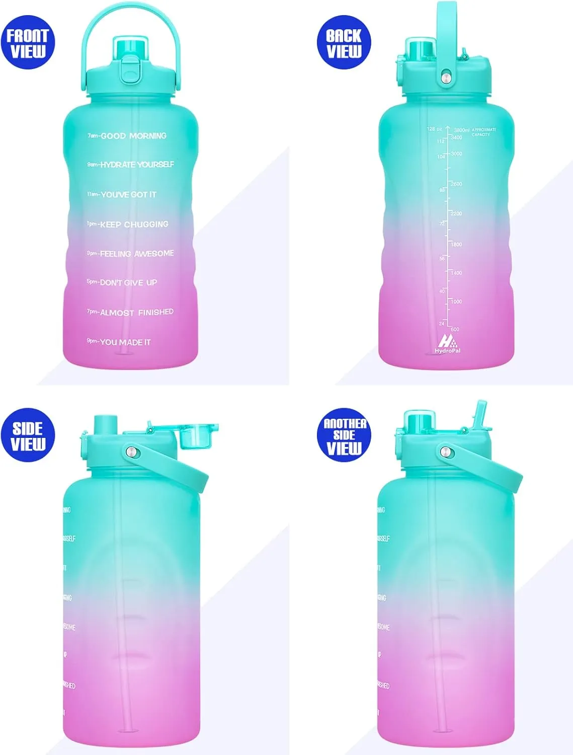 HydroPal 1 Gallon Water Bottles with Straw, 128 oz / 3.8L Water Bottle BPA Free Innovative 2-IN-1 Lid Gym Bottle with Times to Drink Motivational, Large for Sports Fitness Camping Water Jug One Gallon