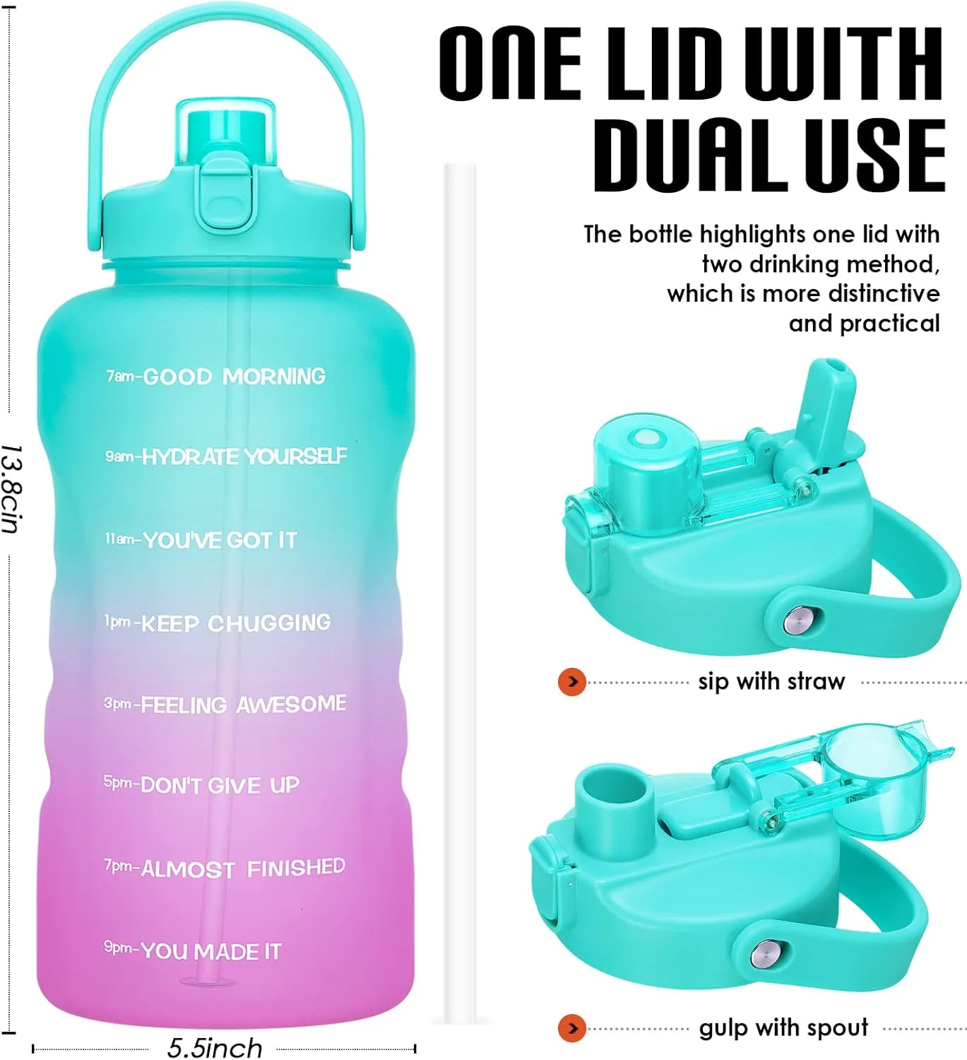 HydroPal 1 Gallon Water Bottles with Straw, 128 oz / 3.8L Water Bottle BPA Free Innovative 2-IN-1 Lid Gym Bottle with Times to Drink Motivational, Large for Sports Fitness Camping Water Jug One Gallon