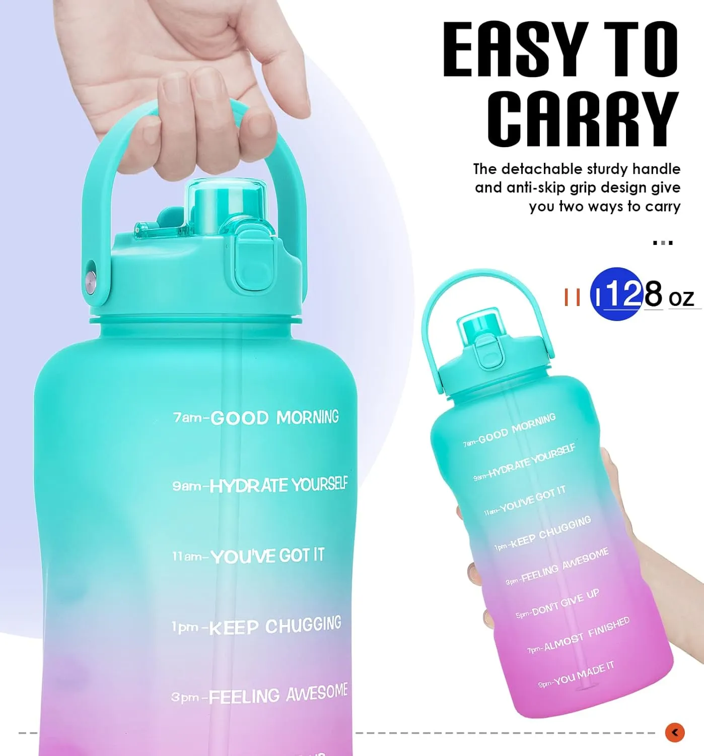 HydroPal 1 Gallon Water Bottles with Straw, 128 oz / 3.8L Water Bottle BPA Free Innovative 2-IN-1 Lid Gym Bottle with Times to Drink Motivational, Large for Sports Fitness Camping Water Jug One Gallon