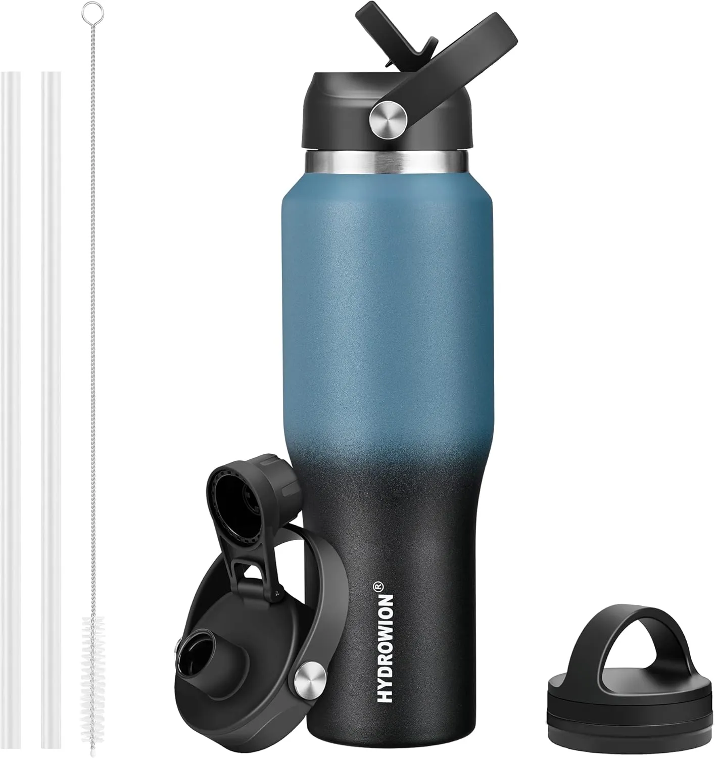 HYDROWION 32oz Water Bottle, Double Wall Vacuum Stainless Steel Insulated Water Flask with Straw Lid, Spout Lid and Flex Cap(Cold for 48 Hrs, Hot for 24 Hrs), Leakproof Travel Thermo Mug, Blue&Black
