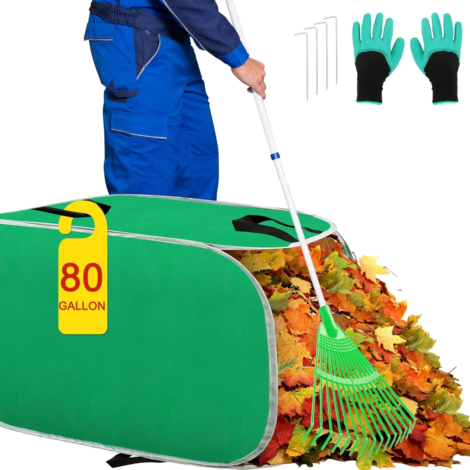Hysagtek Upgraded Leaf Collector, 80 Gallon Portable Pop Up Leaf Bags, Foldable Reusable Yard Garden Leaf Bag with Handles, Self-Standing Leaf Collector Bag for Leaves Lawn Trash, Comes with Gloves