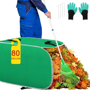 Hysagtek Upgraded Leaf Collector, 80 Gallon Portable Pop Up Leaf Bags, Foldable Reusable Yard Garden Leaf Bag with Handles, Self-Standing Leaf Collector Bag for Leaves Lawn Trash, Comes with Gloves