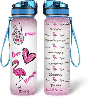 Hyturtle Peace Love Flamingo 32oz Liter Motivational Water Bottle, Tracking Water Bottle Gifts For Women, Girl, Friend, Flamingo Lovers On Birthday, Anniversary