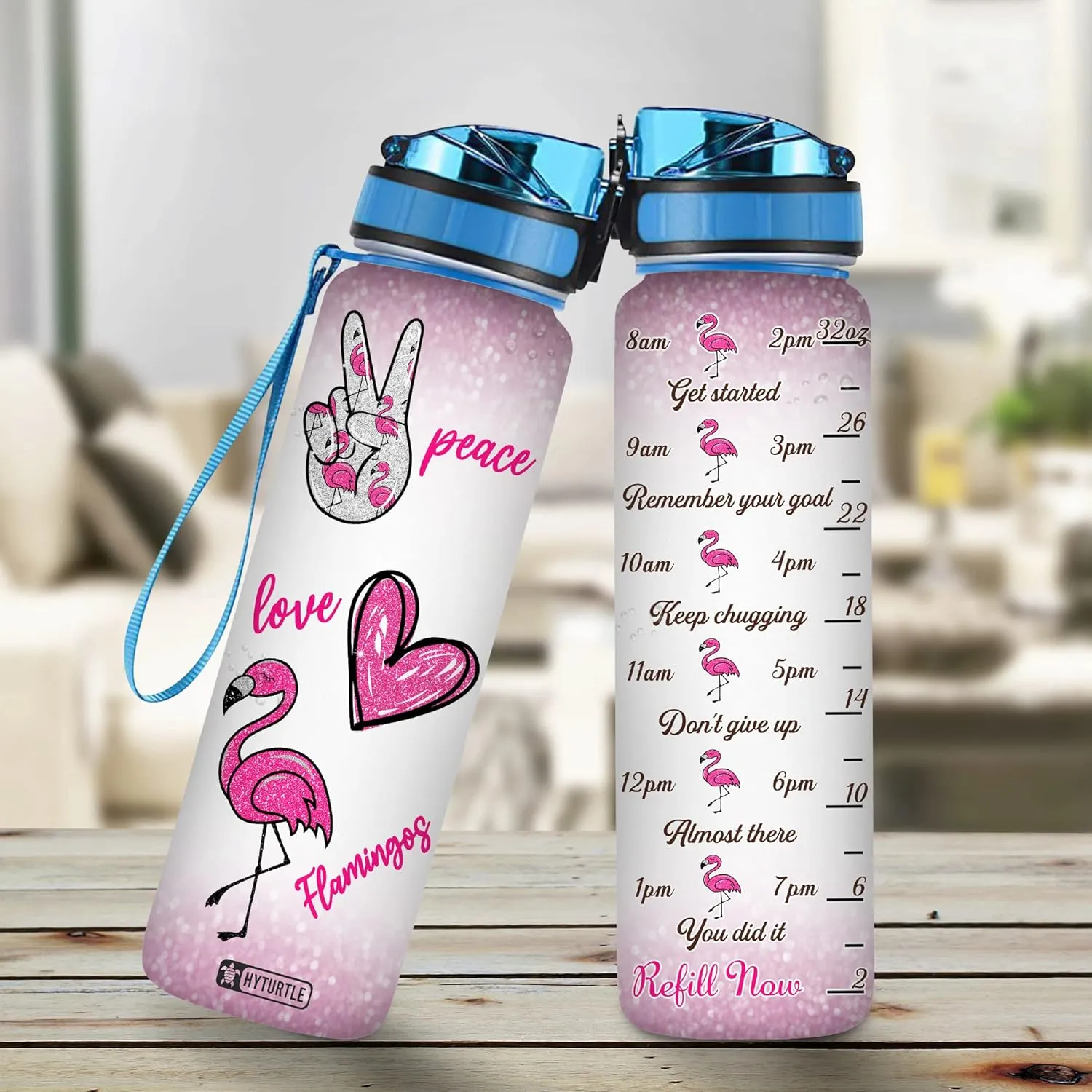 Hyturtle Peace Love Flamingo 32oz Liter Motivational Water Bottle, Tracking Water Bottle Gifts For Women, Girl, Friend, Flamingo Lovers On Birthday, Anniversary