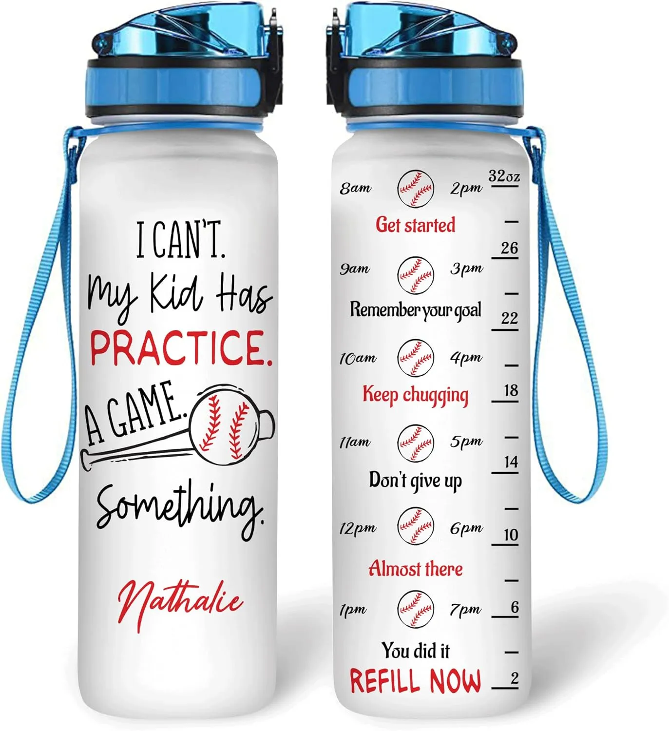 Hyturtle Personalized Baseball 32 Oz Motivational Water Bottle, I Can't My Kid Has Practice A Game Something Custom Name Water Bottle Gifts For Women Men Boys Sport Lovers On Birthday Mother's Day
