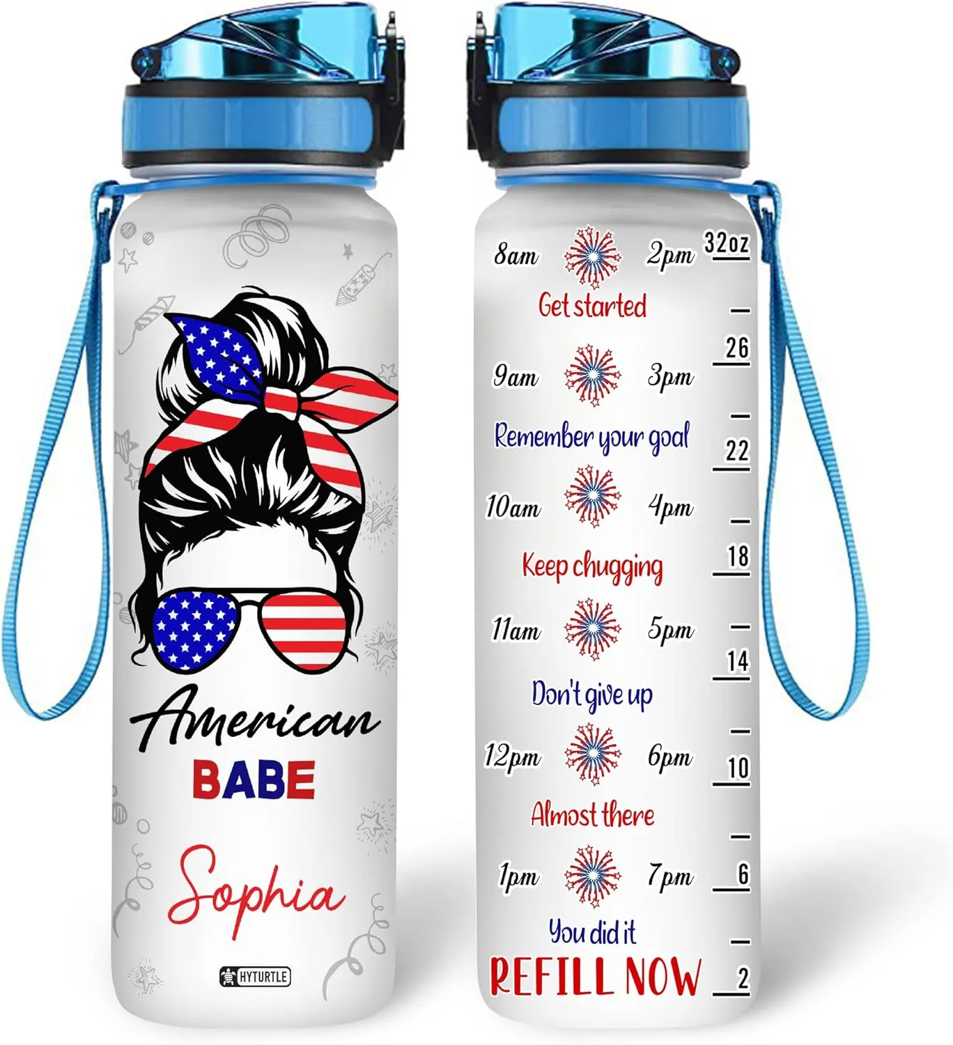 Hyturtle Personalized Bun Hair Girl American Base Flag Firework 32oz Liter Motivational Water Bottle, Customized Name With Time Marker, Gifts For Women On Birthday, Independence Day, 4th Of July