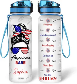 Hyturtle Personalized Bun Hair Girl American Base Flag Firework 32oz Liter Motivational Water Bottle, Customized Name With Time Marker, Gifts For Women On Birthday, Independence Day, 4th Of July