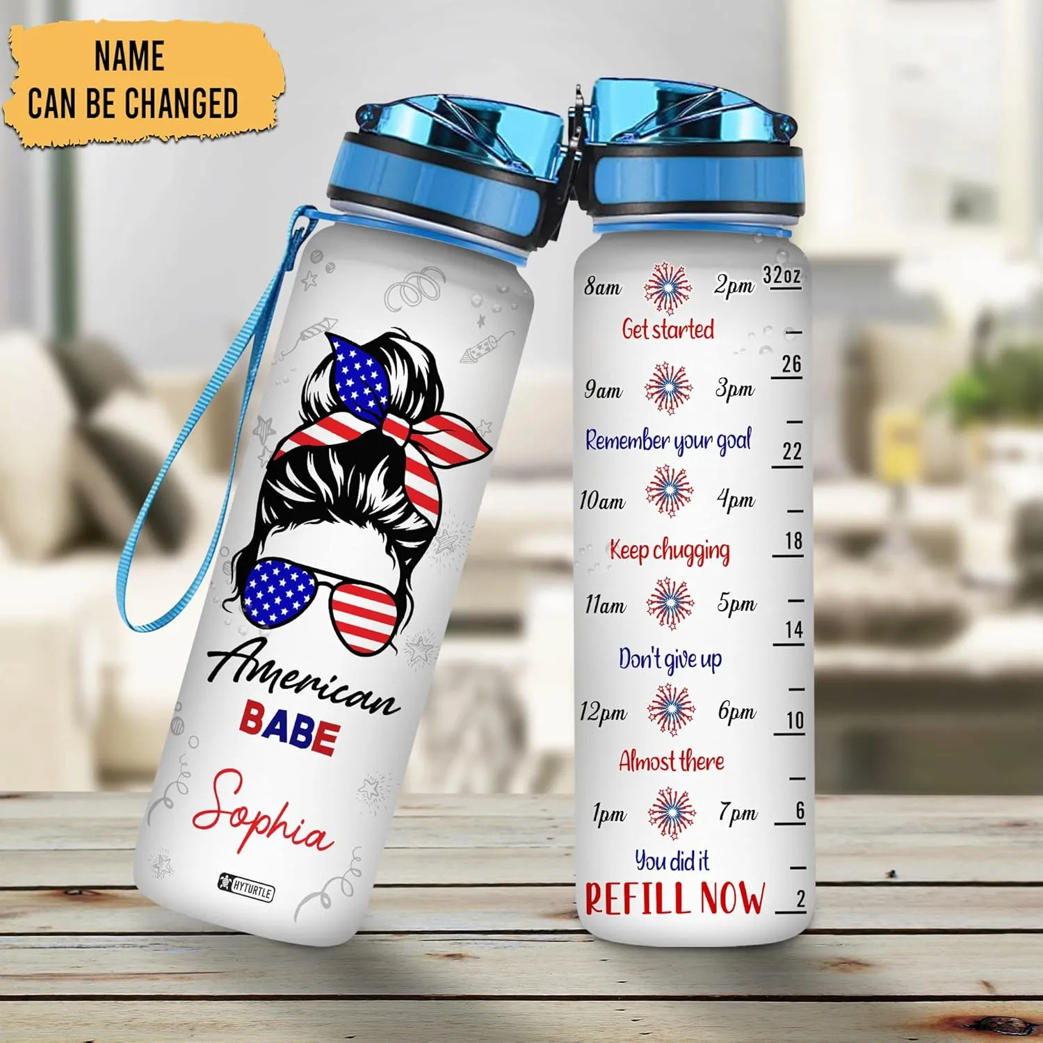 Hyturtle Personalized Bun Hair Girl American Base Flag Firework 32oz Liter Motivational Water Bottle, Customized Name With Time Marker, Gifts For Women On Birthday, Independence Day, 4th Of July