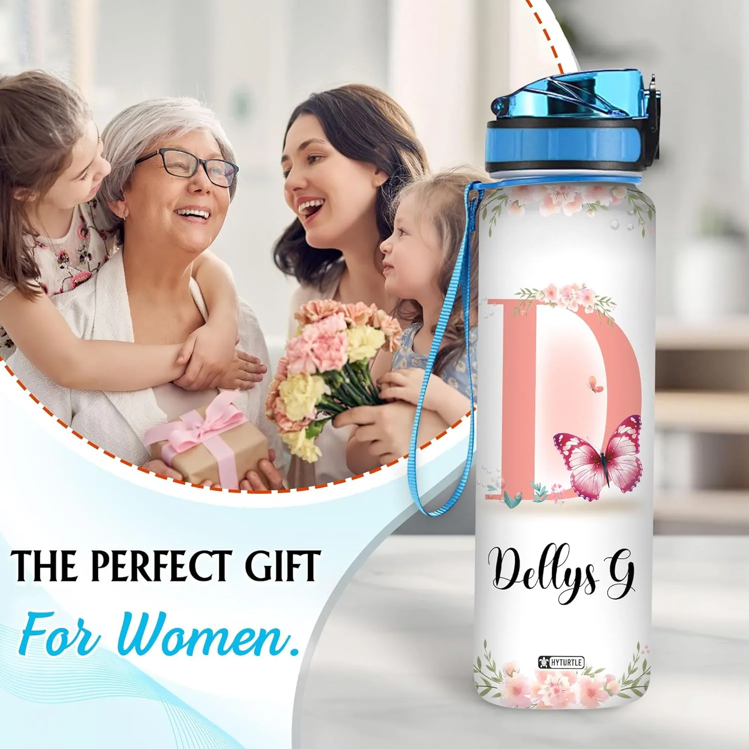 Hyturtle Personalized Butterfly Water Bottle - 32oz Motivational Water Bottle with Leak-Proof Lid, Time Marker - Custom Name Gift With Initial For Women, Butterfly Lovers On Birthday Christmas