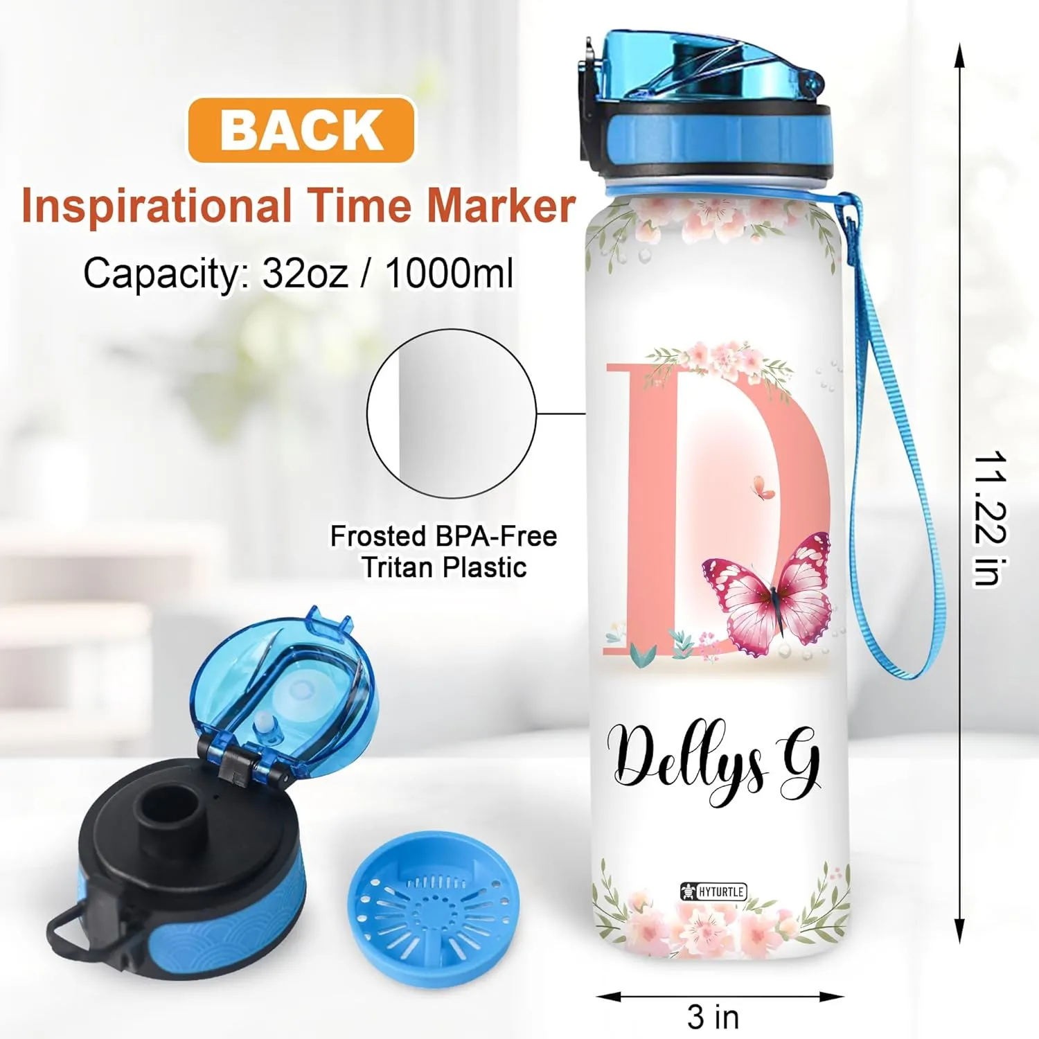 Hyturtle Personalized Butterfly Water Bottle - 32oz Motivational Water Bottle with Leak-Proof Lid, Time Marker - Custom Name Gift With Initial For Women, Butterfly Lovers On Birthday Christmas