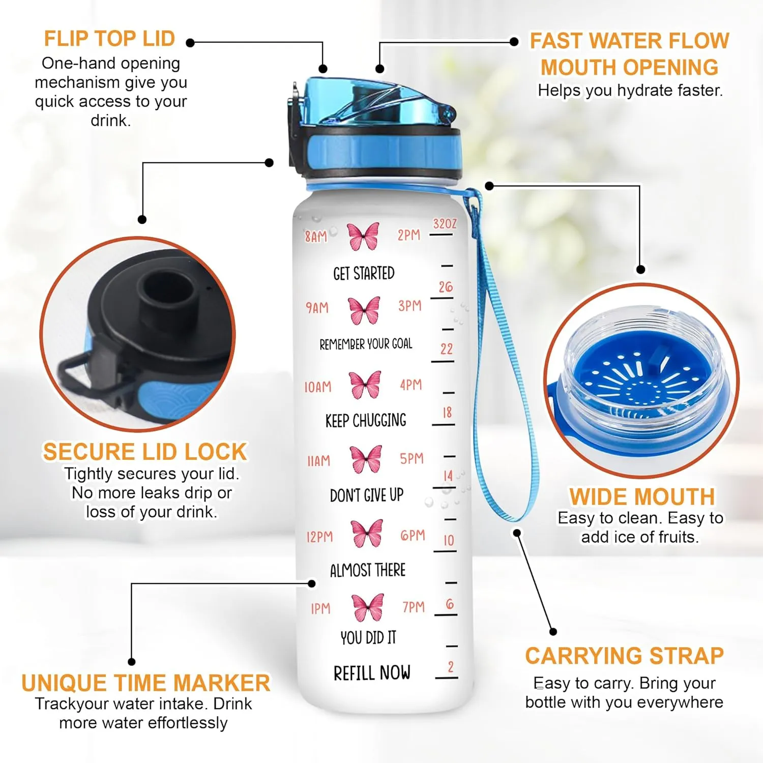 Hyturtle Personalized Butterfly Water Bottle - 32oz Motivational Water Bottle with Leak-Proof Lid, Time Marker - Custom Name Gift With Initial For Women, Butterfly Lovers On Birthday Christmas
