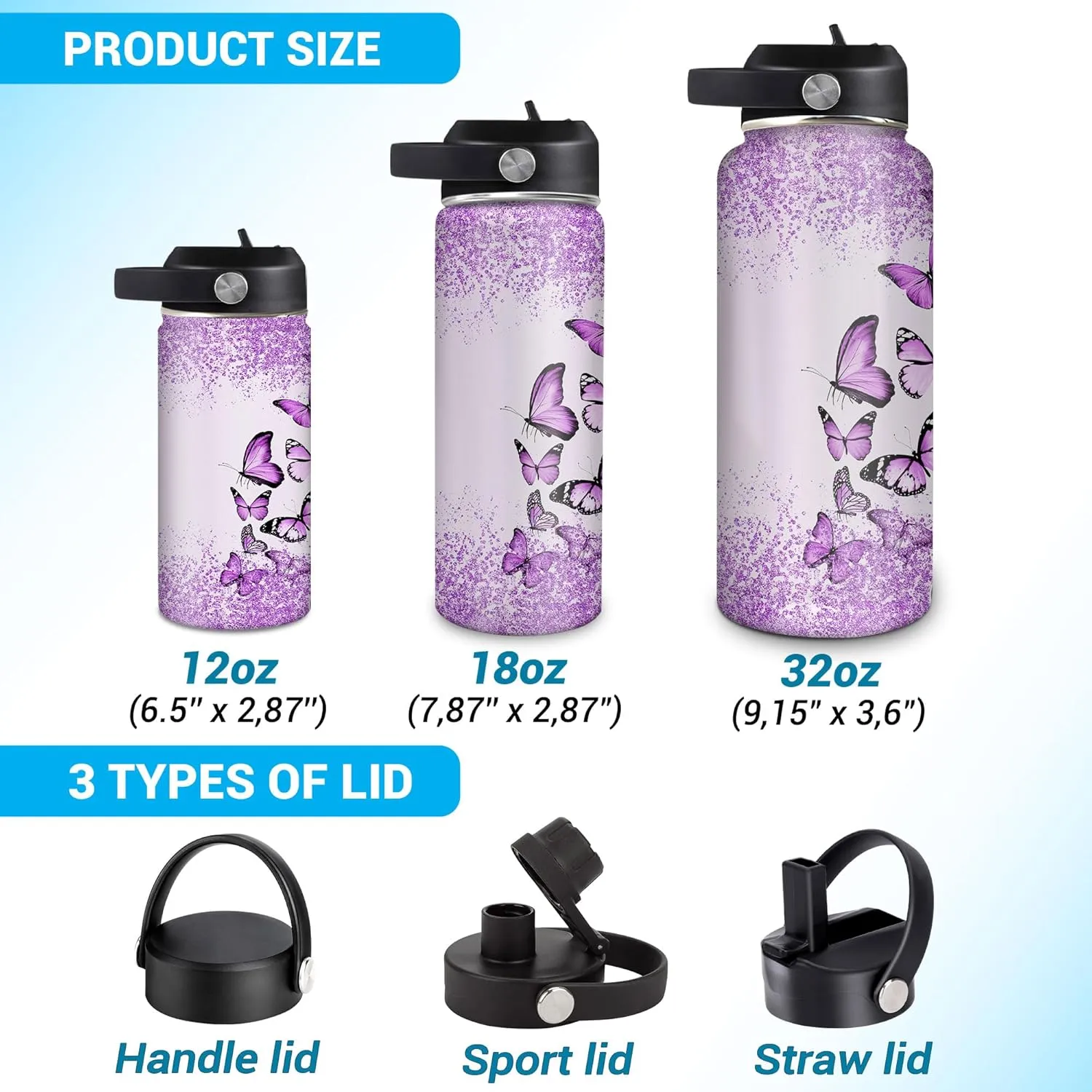 Hyturtle Personalized Butterfly Water Bottle - Custom Name Insulated Stainless Steel Bottle with Leak-Proof Lid 18oz 32oz - Animal Gift for Women Girls Butterfly Lovers - Birthday & Christmas Gift